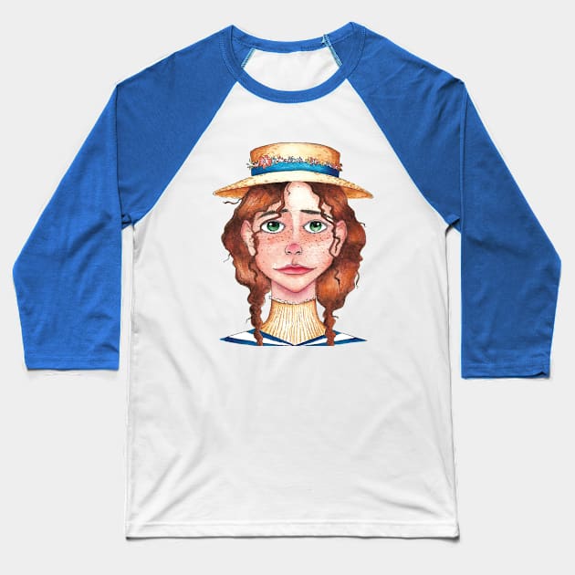 Little girl face with straw hat Baseball T-Shirt by Mako Design 